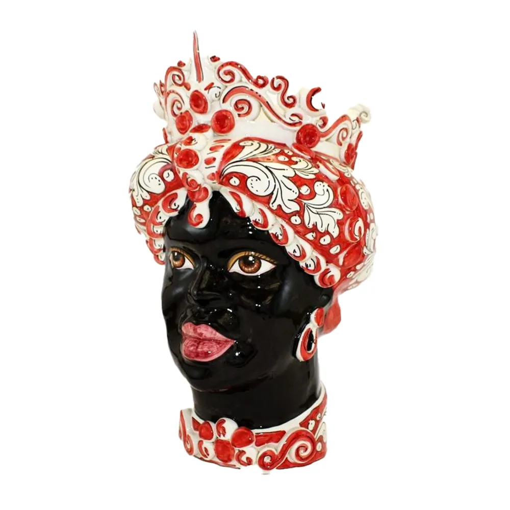 Céramique sicilienne de Caltagirone "Tête de brun" Lady Verus à pointe ornée blanc et rouge visage noir brillant